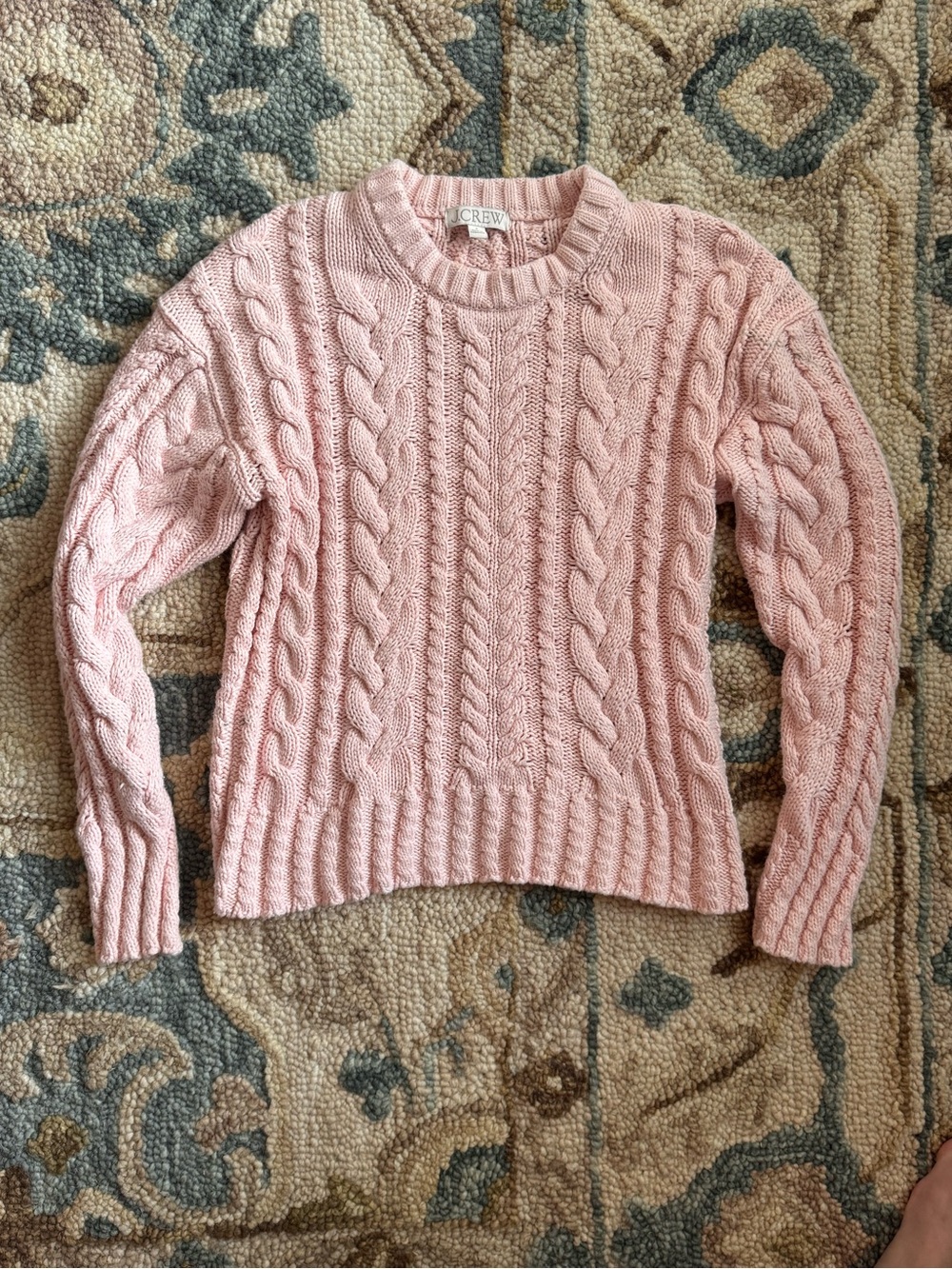 J. Crew Cable Knit Crewneck Sweater Delicate Bloom Pink 100% Cotton Small